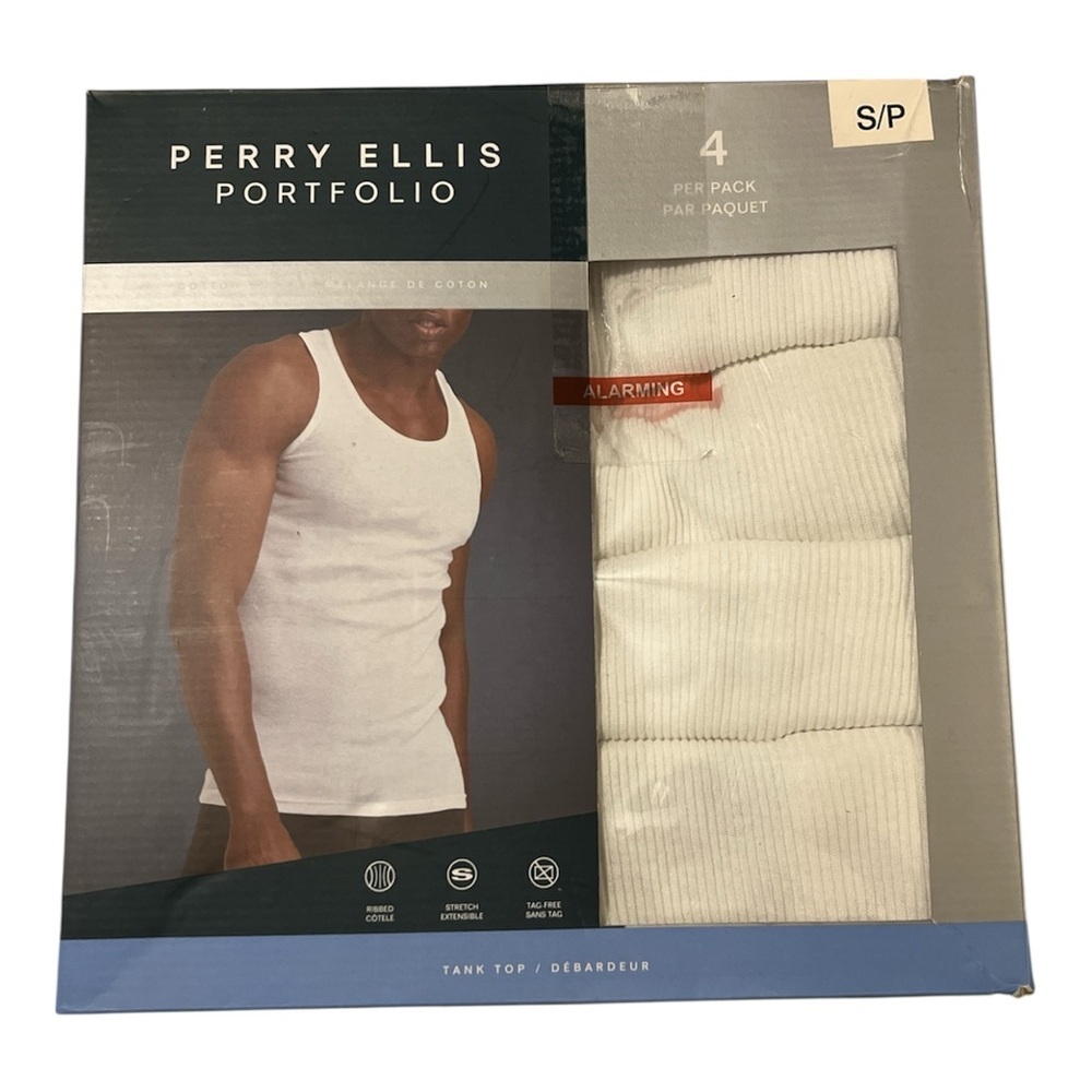 Men’s Perry Ellis 4 Pack White Tank Tops, Small, NIB, Tag Free